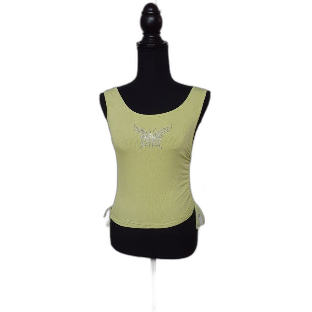 SHEIN Women’s Green Ribbed Tank Butterfly Rhinestone Ruched Side Tie Size S #387